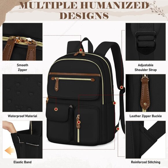 Women's Black 15.6in Waterproof Work Travel Backpacks With Usb Charger Port - Picture 4 of 6